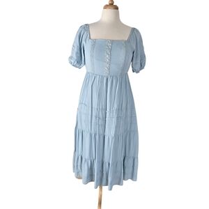 Polagram Baby Blue Ruffled Tiered Midi Dress Puff Sleeves S Prairie Cottagecore